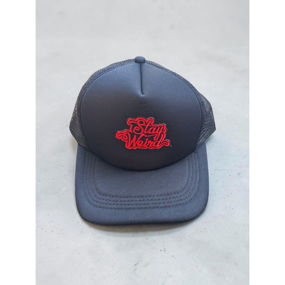"Stay Weird" Black Foam Trucker Hat | Red Cursive Logo Snapback Cap